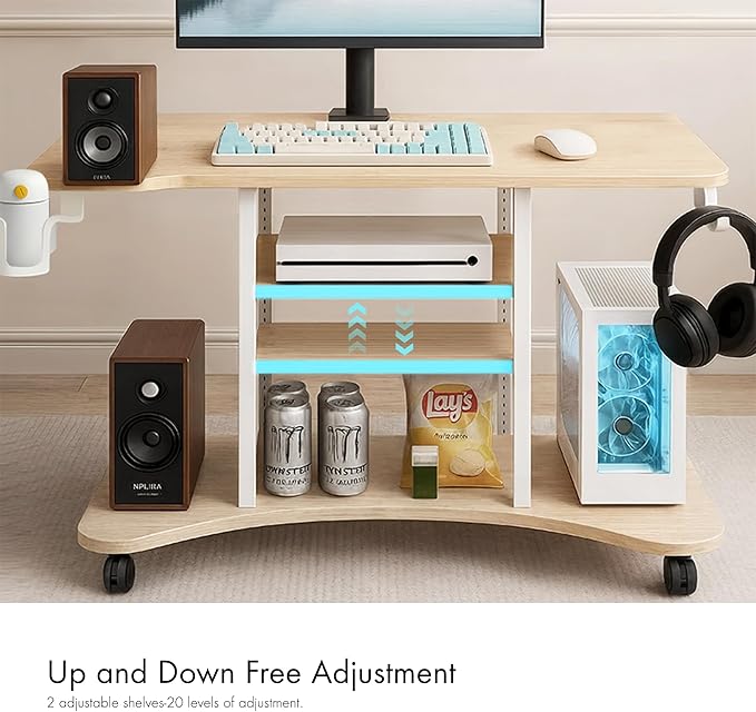 EUREKA ERGONOMIC Gaming Desk Computer, 37" Rolling Desk on Wheels for Small Space, Mobile Computer Cart with Pegboards Adjustable Shelves for Gaming PS Switch, Craft Station, Home Office - Maple