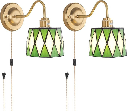 Plug in Wall Sconces Set of 2, Vintage Wall Lamps with Green Checker Sconce, Stained Glass Shade Gold Lights Fixture Decor for Bedroom Bathroom Living Room Hallway