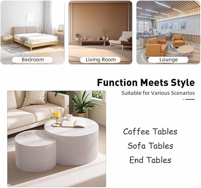 Modern Round Wooden Nesting Coffee Table Set of 2 Circle Tables with Non-Slip Feet, Accent Side End Table, Saving Space Design and No Need Assembly (GLARGE)