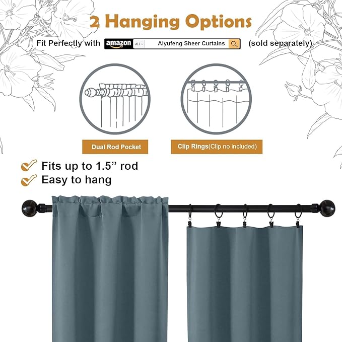 Aiyufeng Stone Blue Short Blackout Curtains for Bedroom 45 Inches Long 2 Panels Set, Solid Thermal Insulated, Energy Saving Window Treatment Curtains Blackout Drapes, W40 x L45 Inch, Stone Blue