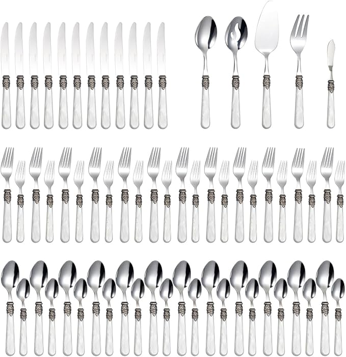 REVERIE Collection 18/10 Stainless Steel Vintage Flatware set,Sliverware set,Dishwasher safe (65, Pearl White)
