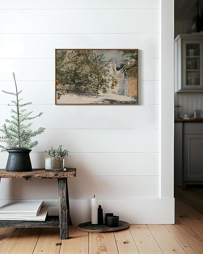 VIYYIEA Vintage Plant Large Framed Wall Art, Orange Trees and Gate Painting Decor Aesthetic, 20x30 Inch Canvas Print Artwork, Farmhouse Still Life Wall Pictures for Bedroom Living Room