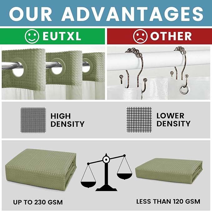 Sage Green Long Hotel Shower Curtain - 230GSM Waffle Textured Heavy Duty Thick Fabric Shower Curtains for Bathroom,71W x 86H