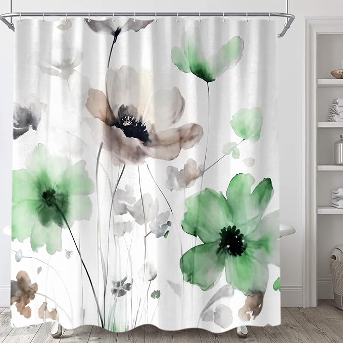 Boho Floral Shower Curtain, Cream Tan Beige Green Grey White Flower Farmhouse Fabric Shower Curtains Set for Bathroom Decorative with Hooks 72 X 72 inch Spring Bath Decor
