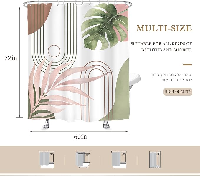 Glawry Abstract Tropical Shower Curtain Chic Boho Plant Palm Leaf Watercolor Pink Green Simple Minimalist Bathroom Modern Botanical 60Wx72L Inches Bath Accessories Art Home Decor Fabric with Hooks