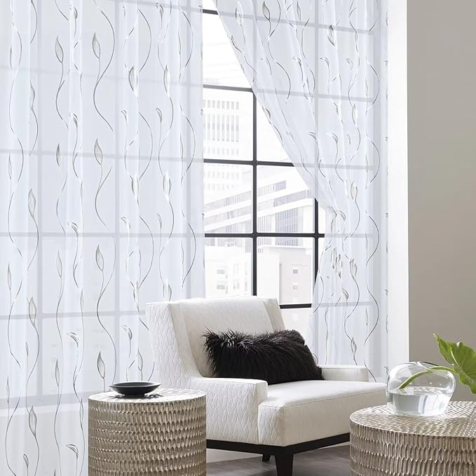 Silver Foil Print Sheer Curtains 84 inches Long, 2 Panels Ginkgo Bronzing Treatment Sheer Curtain, Rod Pocket Window Treatment Panels for Bedroom Living Room