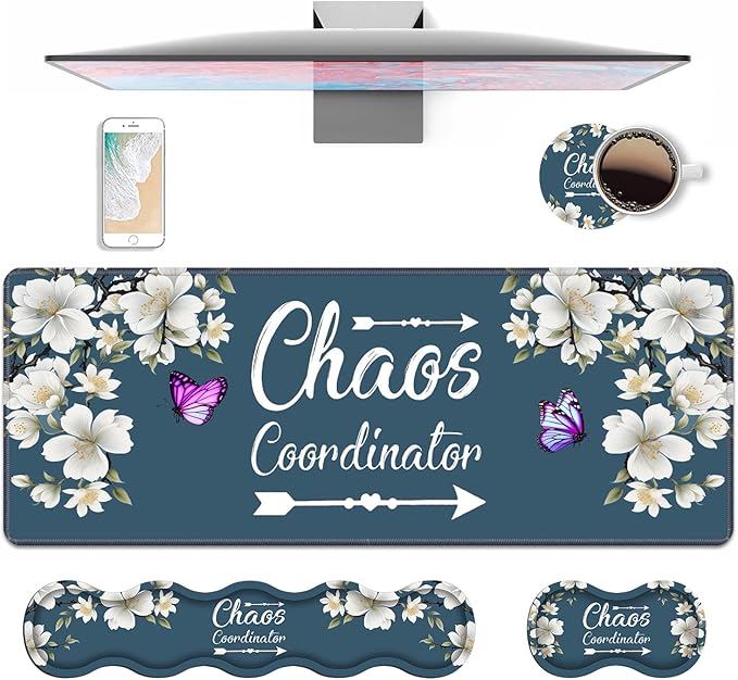 4 in 1 Ergonomic Keyboard Wrist Rest & Mouse Pad Wrist Rest Set, Large XXL Gaming Desk Mat 31.5"x 11.8" with Non-Slip Base, Memory Foam for Home Office Study Gaming, Floral Quote Chaos Coordinator