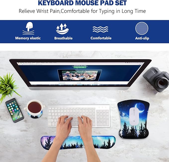 AIMSA Ergonomic Keyboard Wrist Rest and Mouse Pad with Wrist Support Set, Memory Foam Non-Slip Rubber Base, for Gaming, Working, Home, Office, Easy Typing, Pain Relief, Forest Moon Sky