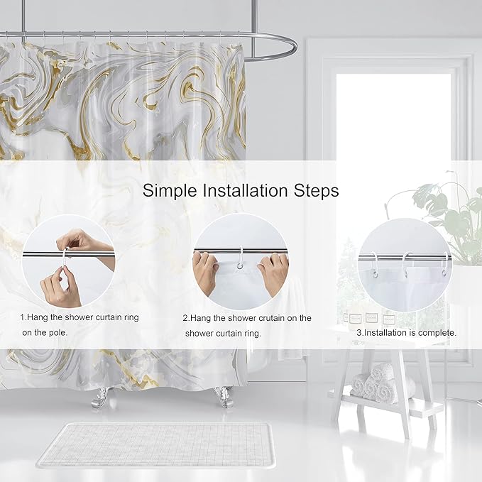 Domoku Grey Gold Marble Shower Curtain,Grey Golden Cracked Lines Abstract Modern Shower Curtain for Bathroom Decor,Waterproof Texture Washable Fabric Shower Curtain,72 X 72