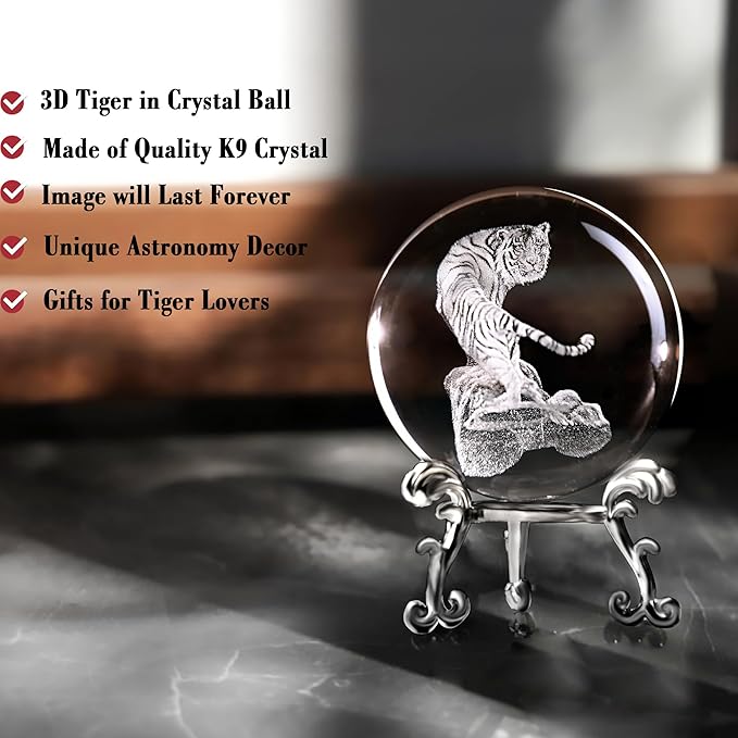 IFOLAINA 3D Tiger Crystal Ball Tiger Figurines in Crystal Ball 60mm Decor White Tiger Collectibles Decorative Globes Gift Glass Sphere Home Decor with Stand, Clear