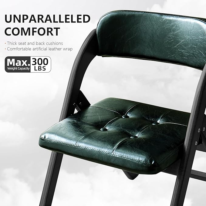 Wood Folding Chairs with Padded Seats, Wooden Folding Chairs Set of 2, Foldable Dining Chair with Cushion, Stackable Extra Chair for Indoor Outside Events, Party, Wedding (Black Green)