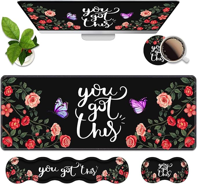 4 in 1 Ergonomic Memory Foam Mouse Pad Wrist Rest Set, Large XXL Gaming Desk Pad + Keyboard Wrist Rest + Mouse Wrist Cushion + Coaster for Home Office Study Gaming, You Got This Inspirational Quote