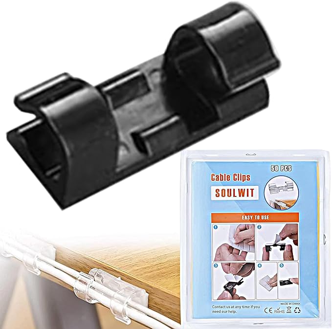 SOULWIT 50 Pcs Self Adhesive Cable Management Clips, Cable Organizers Sticky Wire Clips Cord Holder for TV PC Laptop Ethernet Cable Desktop Home Office (Black)