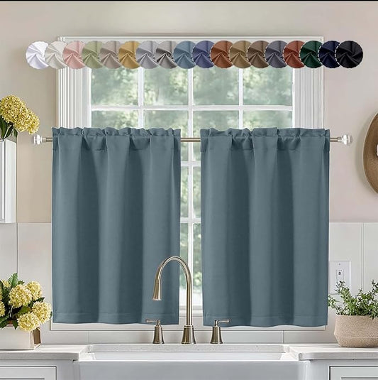 Aiyufeng Stone Blue Short 36 Inches Blackout Curtain 2 Panels Set, Half Window Rod Pocket Privacy Curtain Tiers for Kitchen, Curtains Blackout for Bathroom Shades, W40 x L36 Inch, Stone Blue