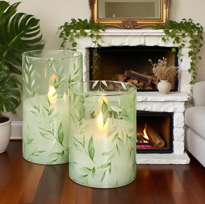 Green Flameless Candles with Remote Willow Leaf Design Battery Operated Candles - Elegant Home Christmas Summer Decor Set of 3