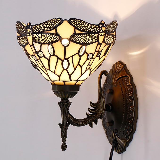Tiffany Wall Sconce Lamp Blue Stained Glass Flower Style 8X10.5X11 Inch Plug in Wall Bedside Light for Hallway Bedroom (Amber Dragonfly Style)