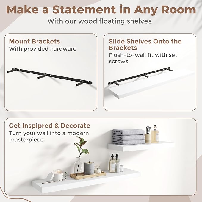 55 Inch Floating Shelves for Wall Set of 2, 8"D Wood Grain Bathroom Shelves with Invisible Brackets, Easy Install Engineered Wood Storage Shelves for Kitchen, Living Room, Bedroom, White Finish