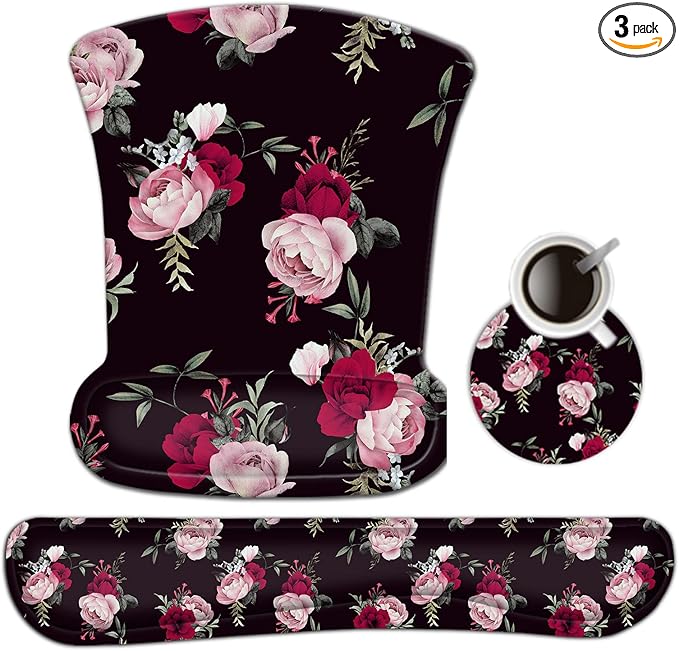 AIMSA Ergonomic Keyboard Wrist Rest and Mouse Pad with Wrist Support Set, Memory Foam Non-Slip Rubber Base, for Home, Office, Easy Typing, Pain Relief, Peony Flowers