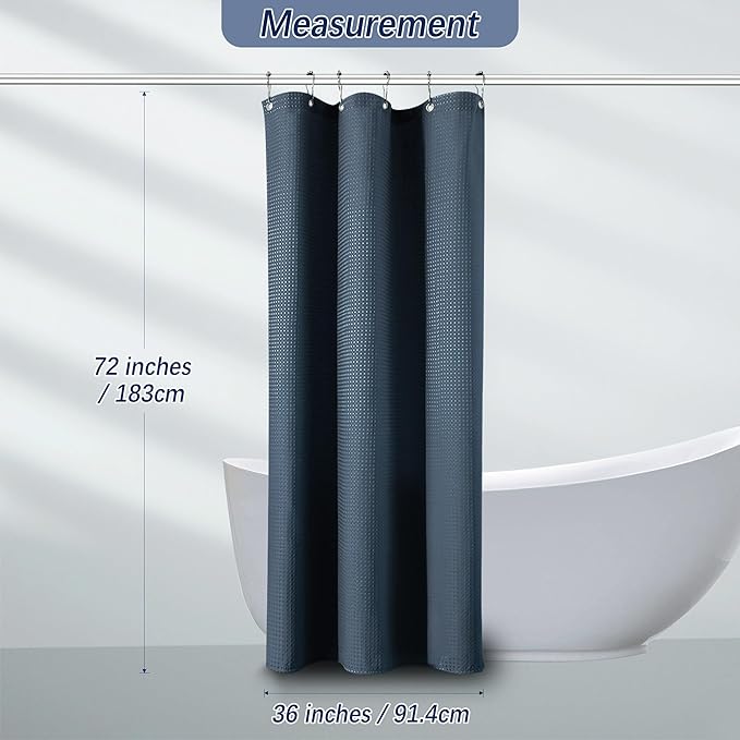 Shower Curtain Fabric Washable for Stall, Waffle Weave 36 Inches Heavy Duty Navy Shower Curtain, Half Size Waterproof 256GSM Spa Luxury Shower Curtains with 6 Metal Hooks,36Wx72H Navy Blue