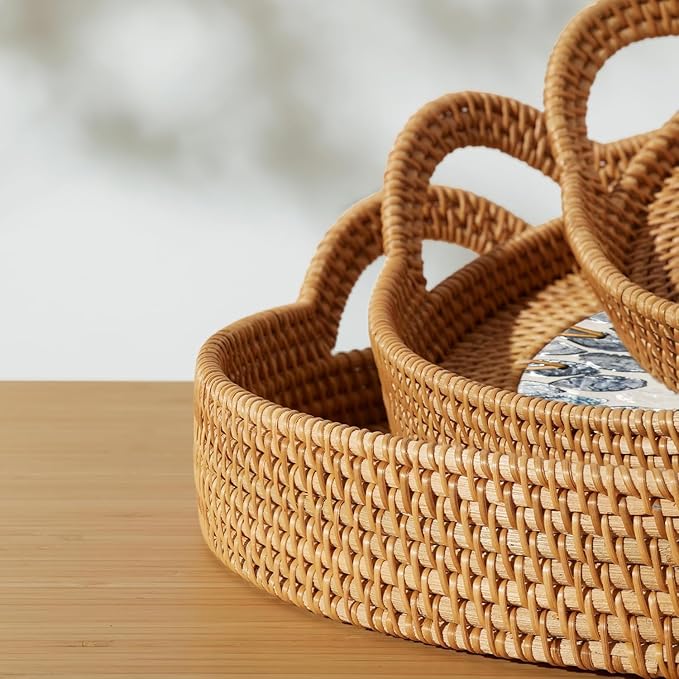 Handwoven Serving Tray with Handles, Set of 3 Round Ottoman Tray with Shell Inlay, Decorative Ratten Trays for Coffee Table, Farmhouse, Kitchen Counter, Housewarming Gift (13.4", 11.8", 10.6")