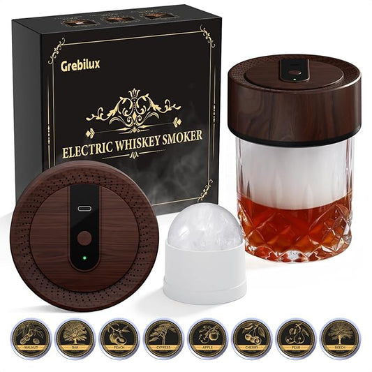 Electric Whiskey Smoker Kit with 8 Wood Chip Flavors – Rechargeable Whiskey Smoker Set with Built-in Ignition, Fuel-Free – For Men, Dad, Husband on Special Occasions – Wood Grain Design