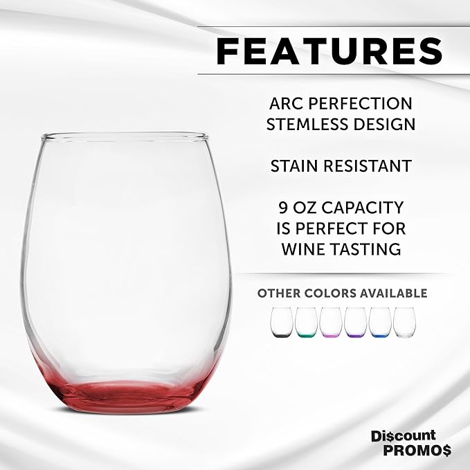 DISCOUNT PROMOS Stemless Wine Glass 9 oz. Set of 10, Bulk Pack - Great for Wedding Favors, Bachelorette Party and More - Red Bottom Color