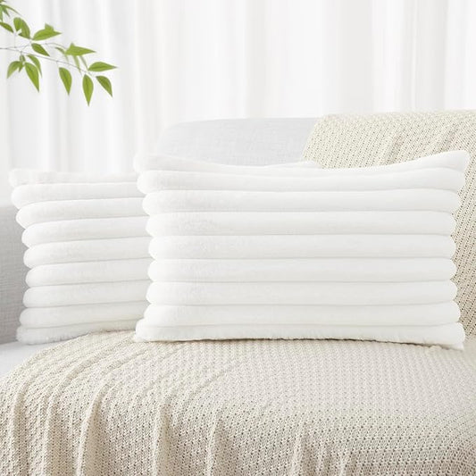 decorUhome Faux Fur Christmas Throw Pillow Covers 12x20 Set of 2, Decorative Soft Plush Striped Lumbar Neutral Couch Euro Pillow Covers with Velvet Back for Sofa, Bed, Living Room Home Decor, White