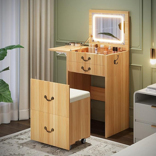 FURSUN 3-in-1 Vanity with Flip Mirror & Lights, Fluted Compact Vanity Table with 3 Drawers, Storage Compartment and Rolling Stool, Modern Small Makeup Vanity for Bedroom, Powder Room, Natural Oak