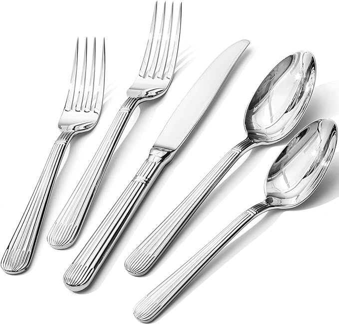 KINGSTONE 5-Piece Silverware Set, 18/10 Stainless Steel Flatware Set - Luxury Elegant Striped Cutlery with Dishwasher Safe, Durable for Family Dining, Catering, Weddings, Anniversaries Gift