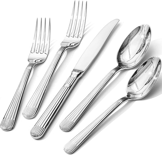 KINGSTONE 40-Piece Silverware Set, 18/10 Stainless Steel Flatware Set - Luxury Elegant Striped Cutlery with Dishwasher Safe, Durable for Family Dining, Catering, Weddings, Anniversaries Gift