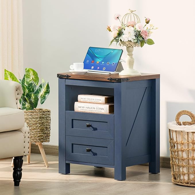 Nightstand with Charging Station, Farmhouse Night Stand with 2 Drawers and Shelf Storage, Blue Wooden Side End Table, Bedside Cabinet for Bedroom, Living Room, Closet,Office