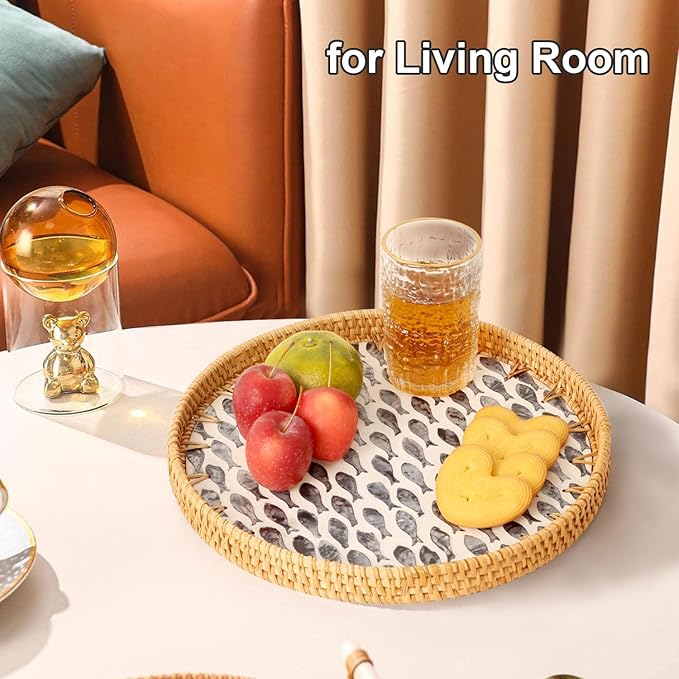 Round Rattan Tray with Mother of Pearl Inlay, Rattan Serving Tray for Coffee, Bread, Fruits, Decorative Wicker Tray for Table Decor, Home Decor, Kitchen Island Decor (Dark Blue Fish, 11.8")