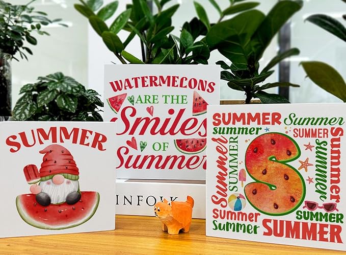 Summer Watermelon Decor for Home Watermelon Tiered Tray Decor 3 Pcs Wood Decorative Signs Table Desk Shelf Sign