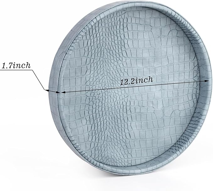 HofferRuffer Faux Leather Round Serving Tray, Vegan Croco Leather Decorative Tray, Food Tray for Storage Drinks, Snack & Cosmetics, Dia.12'' x 1.6'' (LightBlue)