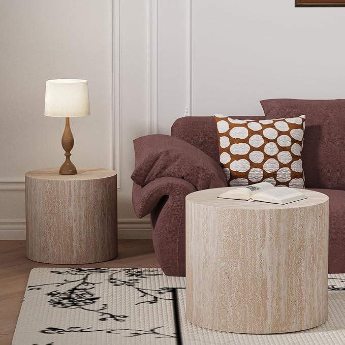 Round Coffee Table Set of 2 Modern Nesting Coffee Tables for Living Room Wave Stripe Round Coffee Table for Bedroom Office No Need Assembly (J)