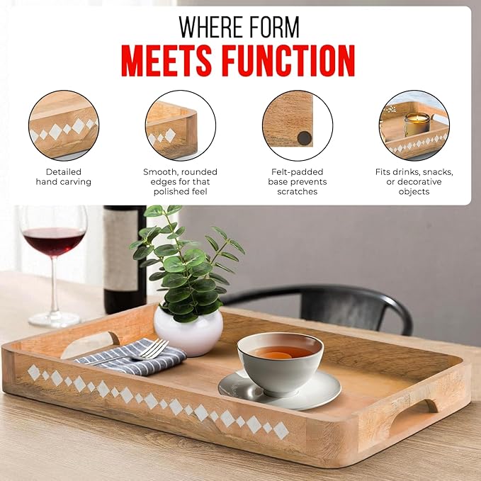 Mela Artisans Wooden Serving Tray with Handles | 15x10x1.75 inch | Mango Wood Decorative Tray | Ottoman Tray | Snacks | Desserts | Breads | Coffee Table | Bedroom | Rounded Edge Design
