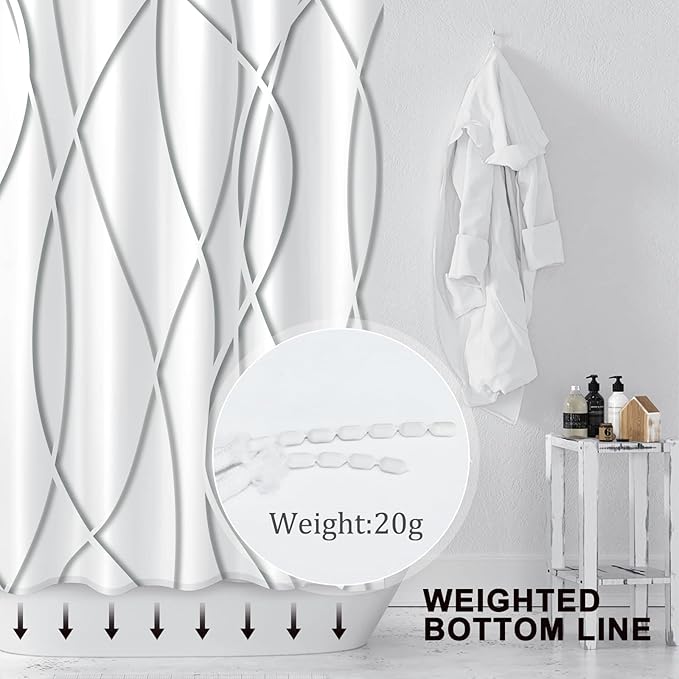 Punkray Grey Shadow Shower Curtain for Bathroom with Hooks, Shower Curtain Set Stripe Bath Curtains Decor White Shower Curtains Weighted Hem Washable, 72 x 72