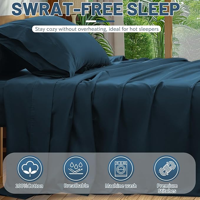Extra Deep Pocket California King Sheets 18-24 Inch 100% Egyptian Cotton 1000 Thread Count Sateen Weave Soft Breathable 4 Pieces（Cal King,Navy）