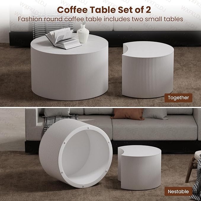 Nesting Coffee Table Set of 2 Modern Round Coffee Table with Non-Slip Feet Wood Drum Circle Accent Tables End Table Set for Living Room Bedroom Office (White Crescent Set)