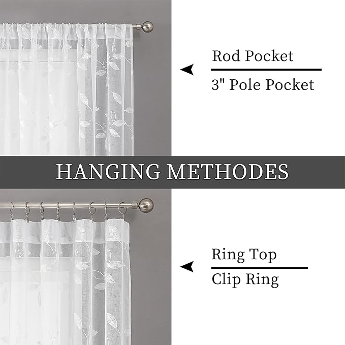 Tollpiz White Leaf Sheer Curtain Leaves Embroidered Bedroom Curtains Rod Pocket Voile Window Treatment for Living Room, 54 x 95 inches Long, Set of 2 Panels