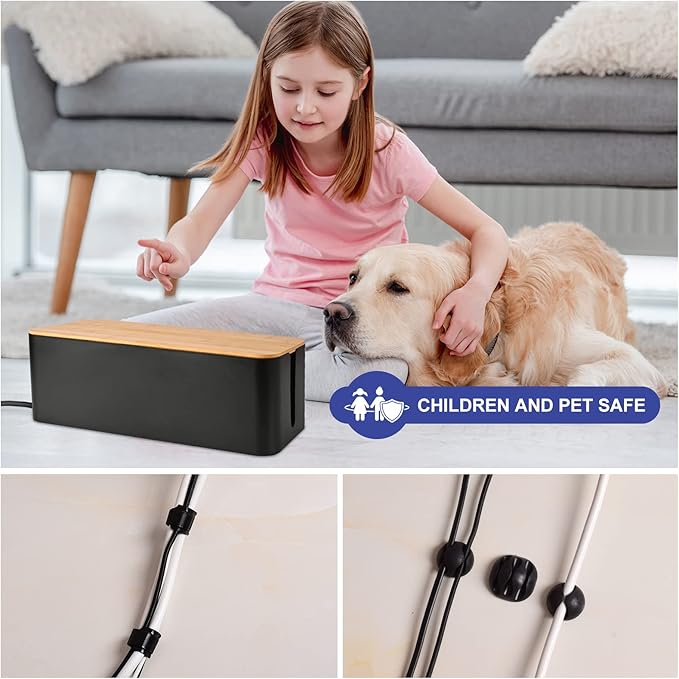 Cable Management Box - Wooden Style Large Cord Organizer to Hide Wires & Power Strips | Desk Computer Cable Organizer | Safe ABS Material | 16" (L) x 6.2" (W) 5.3" (H) | for Home & Office - Black