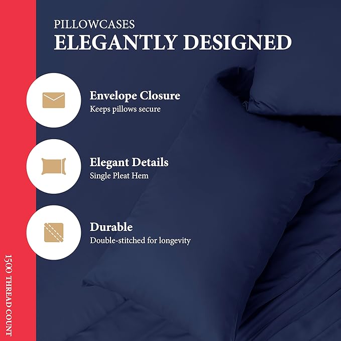 Ashton Sheets 100% Egyptian Cotton Pillow Cases King Size Set of 2 - Luxury 1500 Thread Count Sateen Weave Navy Blue Pillow Covers, Silky Soft, Breathable & Cooling Pillowcases, Fits King Size Pillows