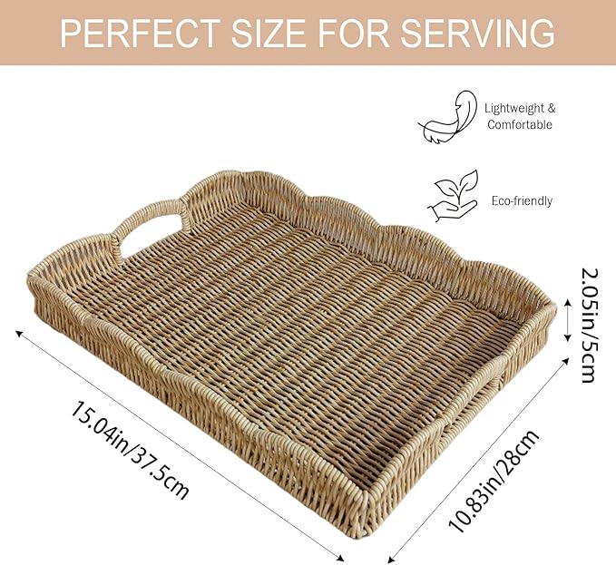 Serving Tray with Scalloped Edge, Rectangular Wicker Tray with Handles, Ideal for Breakfast or Meals in Bed and on Sofa, Decorative Coffee Table Tray to Enhance Dining (Beige)