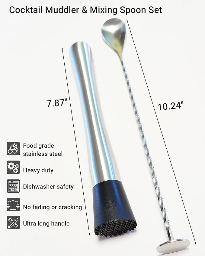 Stainless Steel Cocktail Muddler & Mixing Spoon Set — 10 Inch Bar Tool Kit for Home Bartenders, Ideal for Mojitos, Margaritas, Mint & Fruit Cocktails, Silver
