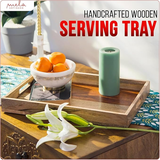 Mela Artisans Wooden Serving Tray with Handles | 15x10x1.75 inch | Mango Wood Decorative Tray | Ottoman Tray | Snacks | Desserts | Breads | Coffee Table | Bedroom | Rectangular Edge Design