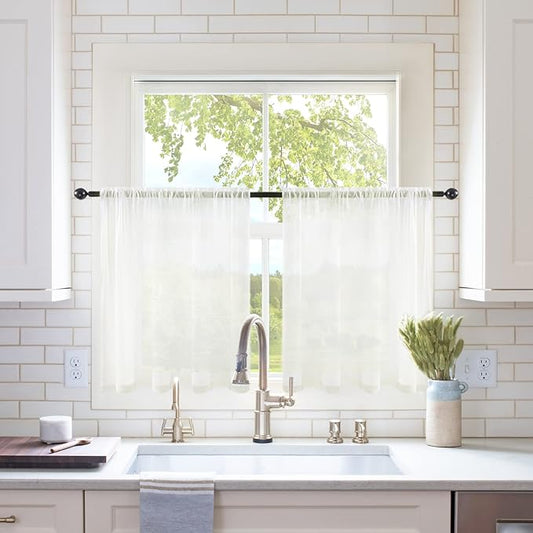 MIULEE 2 Panels Kitchen Tiers Half Window Sheer Curtains Rod Pocket Voile Drapes for Kitchen Bathroom Small Windows 54 by 36 Inch Ivory