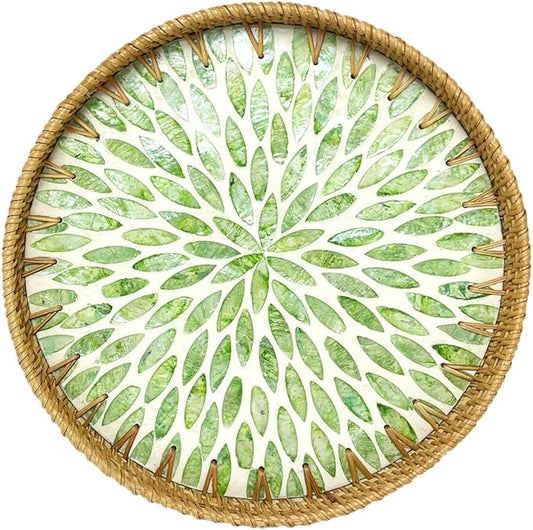 Round Rattan Tray with Mother of Pearl Inlay, Decorative Rattan Serving Tray for Home Boho Decor, Coffee Table, Bread, Food, Tea Ottoman Trays, Fruit Wicker Basket,100% Natural Materials Green- 12"