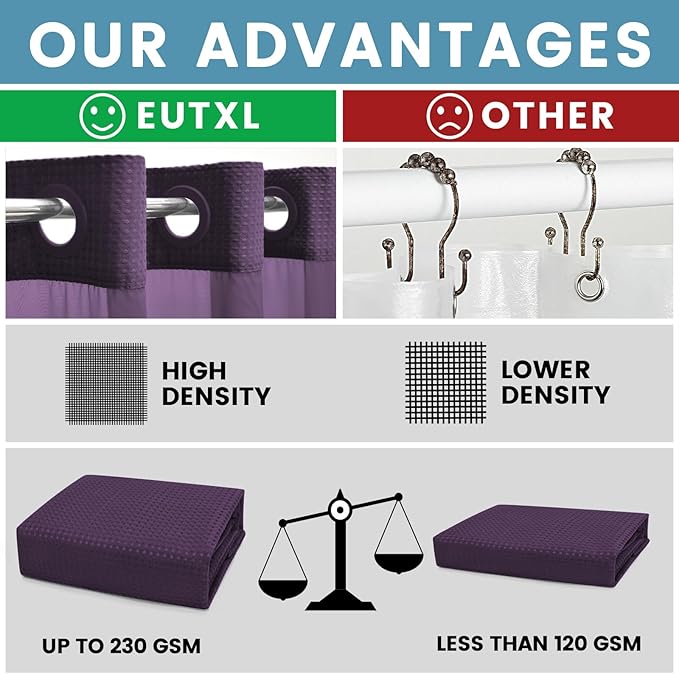Purple Hotel Style Shower Curtain with Snap in Liner - 230GSM Waffle Textured,Hotel Grade,Spa Like Bath Curtain,71W x 74H