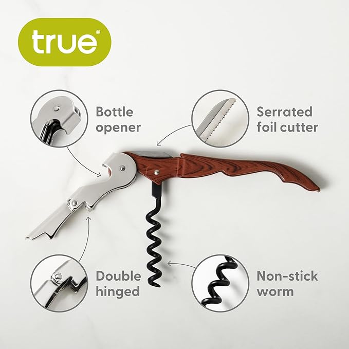 True Truetap Double Hinged Waiter's Corkscrew Wine Opener, Stainless Steel Wine Bottle Opener with Built In Foil Cutter, Home Bar Tools, Bar Cart Accessories, Wedding Gifts, Set of 1, Natural