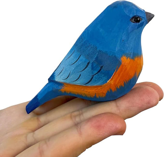 Wooden Bird Figurines Funny Desk Accessories Hand Carved Wood Decorative Small Birds Animal Miniature Statues Ornament for Home Room Decor (Blue)
